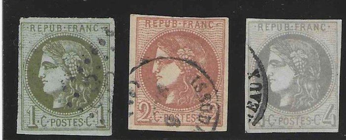 Franciaország 1870 - bellissima Serie di francobolli tipo Bordeaux - Tutti firmati Vitelli - Prezzo = 900 euró - Yvert n°39B, 40B et 41B