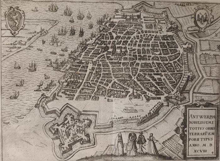 欧洲, 地图 - 比利时; Lodovico Guicciardini / Braun & Hogenberg - Antwerpiae Nobilissimi Totius Orbis Terraru Emporii Typus Anno M.D.XCVII - 1561-1580