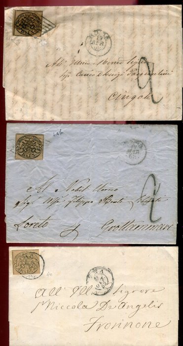 意大利古城邦-教皇国 1852/1862 - 手工和机器用 3 张 baj 纸盖印的 3 个文件 - Sassone  4, 4Aa, 4Ab,
