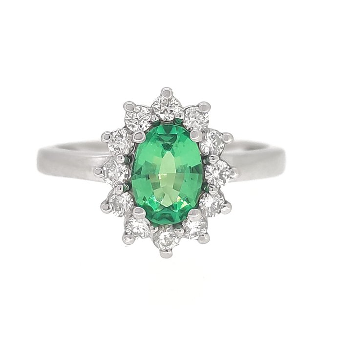 Ring - 18 kt. White gold -  0.30 tw. Diamond - Emerald 