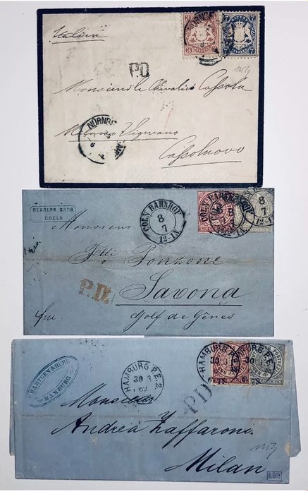 德国及殖民地 1869/1871 - 德国帝国 1869/1871 年批量 3 封信件，寄往意大利至不同目的地