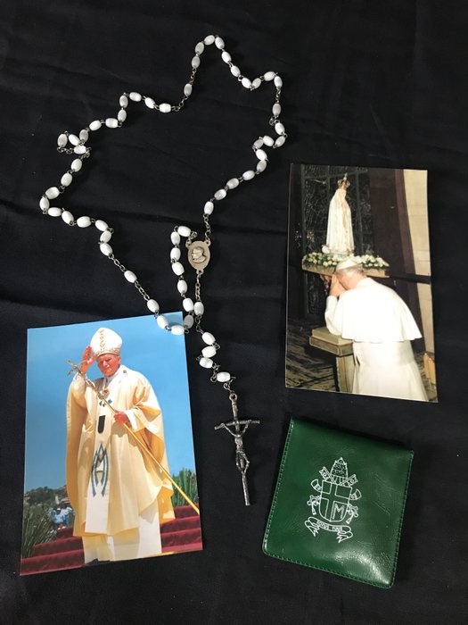 誦經念珠 (3) - 銀盤, 照片 聖父約翰保羅二世，玻璃珠 - 1990-2000