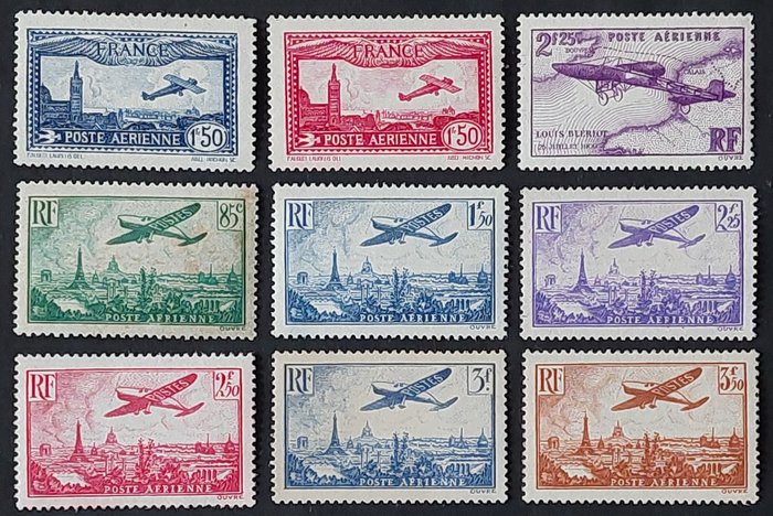 Frankrike 1936 - Flygpost, set med 9 nya frimärken** - Yvert Poste aérienne 5-13