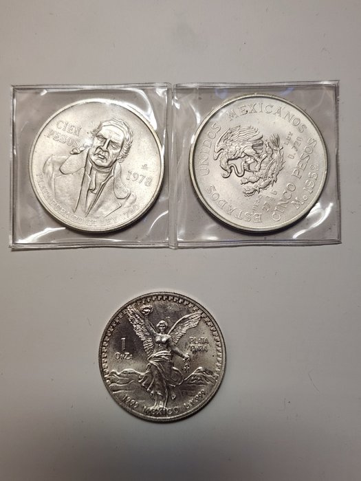 墨西哥. 1 Onza + 5 + 100 pesos 1952/1995 (3 monedas)  (沒有保留價)
