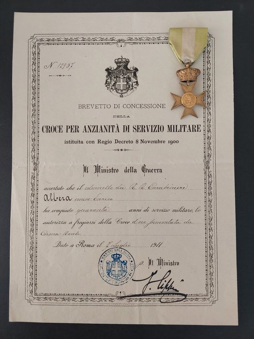 意大利 - 奖章 - Croce di anzianità dorata con corona e con attestato - 1911