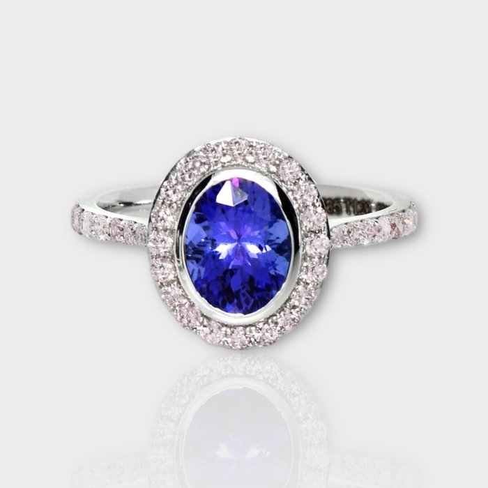 Zonder Minimumprijs - IGI 1.26 ct Natural Violet Tanzanite with 0.50 ct Pink Diamonds - Ring - 14 karaat Witgoud Tanzaniet - Diamant 