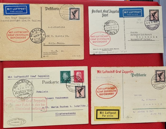 德意志帝国 1930 - 4 张不同收据齐柏林飞艇邮件 LZ127，1930 年，英格兰、瑞士、莱茵河、柯尼斯堡之旅 - Michel 58 a, 85 I a, 87 I b, 108 c