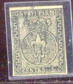 意大利古國－帕爾馬 1852 - 5 美分第一期，採用罕見的「Verdino」色調。 - Sassone 1b