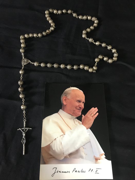 Rosario (2) - Fotos del Santo Padre Juan Pablo II, cuentas de metal plateado - 1990-2000