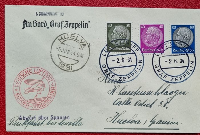 德意志帝國 1934 - 齊柏林飛船郵件南美之旅 1934 年，從塞維利亞回程，非常罕見，機上郵件 - Michel 365 I