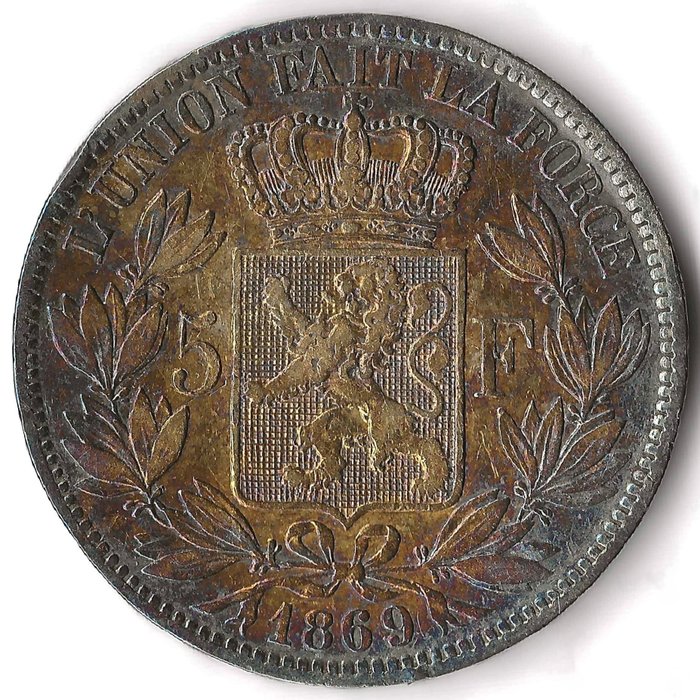 比利时. Leopold II (1865-1909). 5 Francs 1869  (没有保留价)