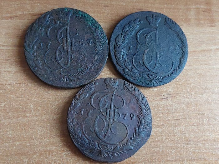Rusia. Catherine II (1762-1796). Lot of 3x large copper 5 Kopek coins 1767, 1771, 1779 EM  (Sin Precio de Reserva)
