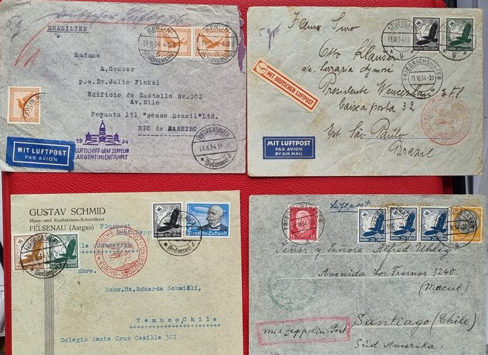 德意志帝国 1935 - 4 张齐柏林飞艇邮件 LZ 127 收据，1935 年南美之旅，包括圣诞节之旅 - Michel  370a, 381 a, 410 c, 418 a