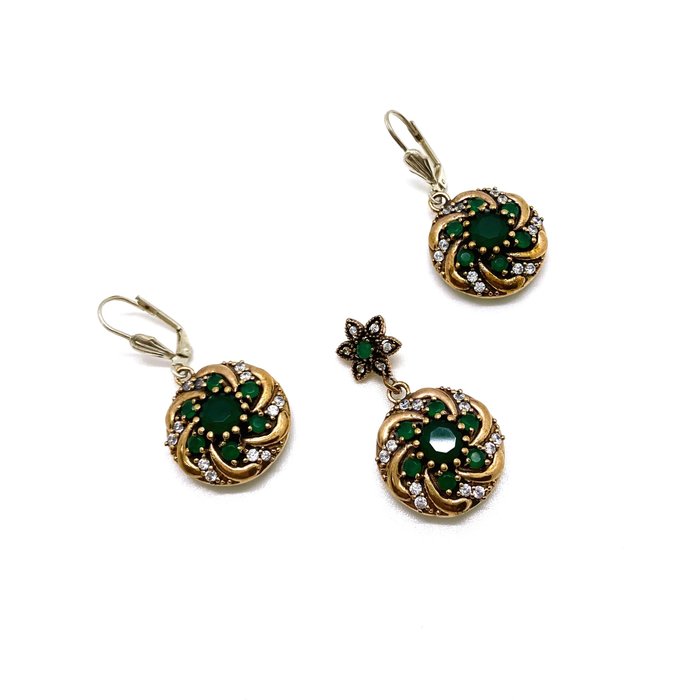 Srebro 925 - Naturalny Zielony Onix - Ochronna Pokryta Miedzią - 2-częściowy komplet biżuterii