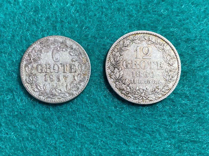 德國，不來梅. 6 Grote 1857 und 12 Grote 1860 (2 Münzen)  (沒有保留價)