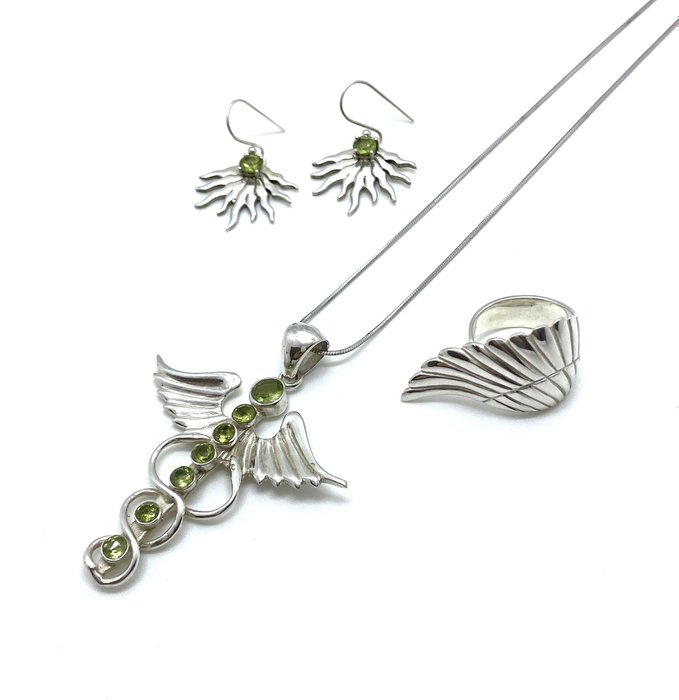 925 銀 - 昆達里尼能量 - 天然橄欖石 - 三件珠寶套裝