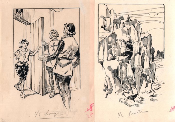 Piet van Geldrop (1872-1939) - 2 Originele illustraties voor een jongensboek