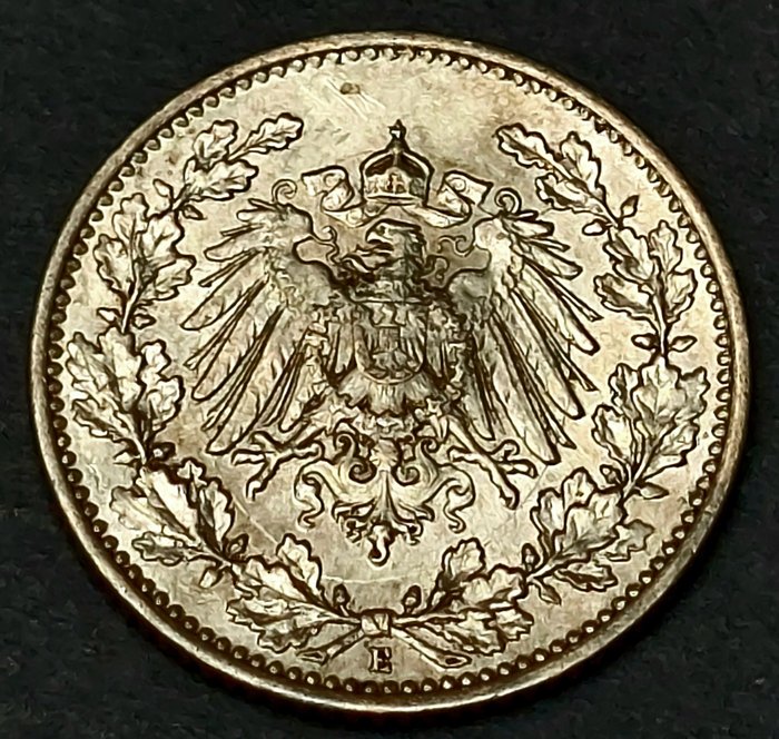 德國. ½ Mark - Wilhelm II type 2 - small shield - 1909 E - Mintage 745 106 R 1905-1919