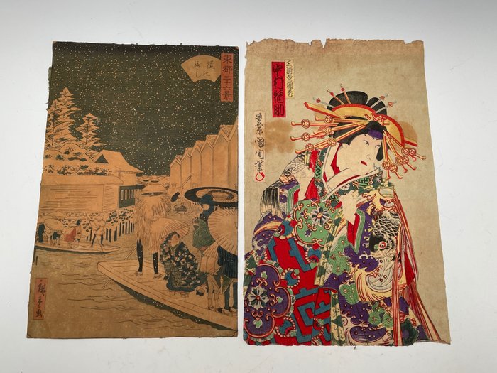 Kabuki actor Nakamura Fukusuke as Miura Agemaki & Tsutsumi Ferry - ca 1892 and 1860s - Toyohara Kunichika (1835-1900) & Utagawa Hiroshige II (Shigenobu) (1826–1869) - Japán -  Edo Period (1600-1868)