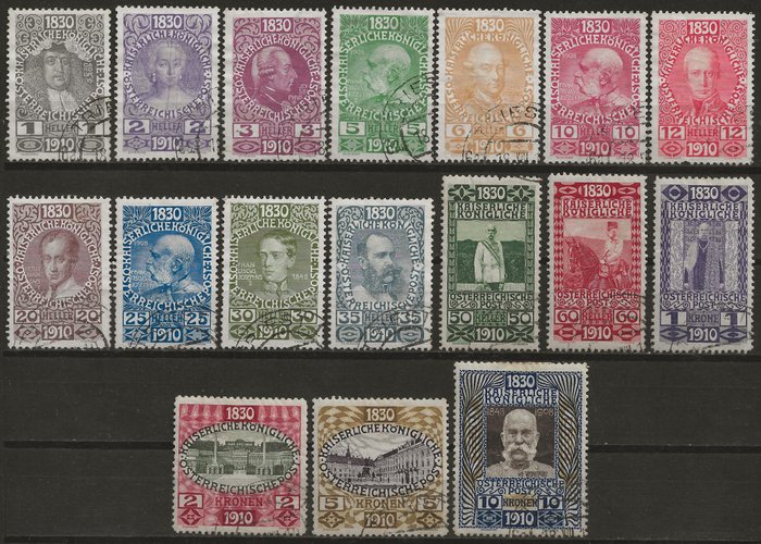 Ausztria 1910 - A161-77U, 17 postai használt érték teljes készlete - Michel nr. 161-177 - Unificato 119-135