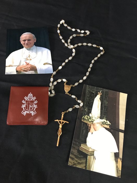 誦經念珠 (3) - 照片 教宗若望保祿二世，玻璃珠，金金屬 - 1990-2000