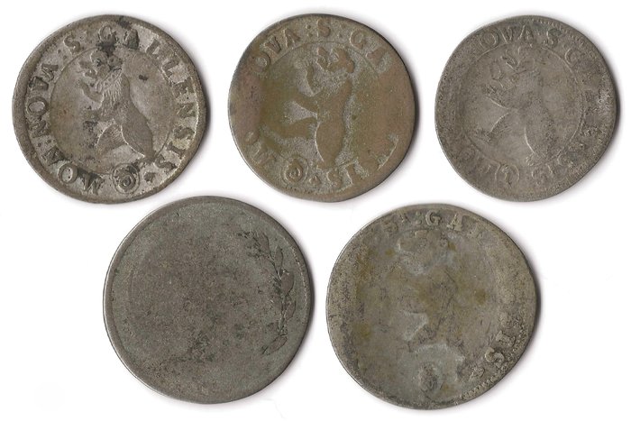 Sveits, St. Gallen. 6 & 15 Kreuzer (Oertli) - Lot of 5 coins - 18. Jahrhundert  (Ingen reservasjonspris)