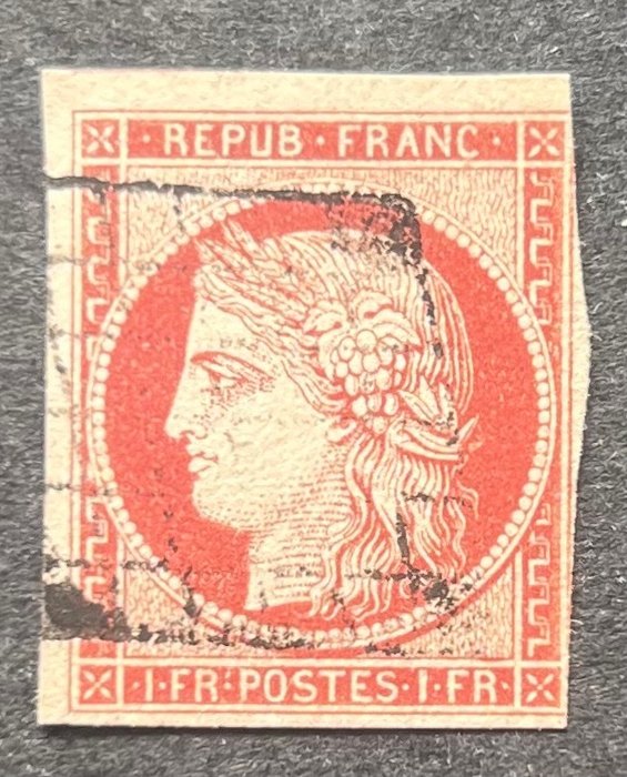 法國 1849 - 法國經典 1 Fr 胭脂紅 Cérès 評級 1100 - Yvert tellier N°6