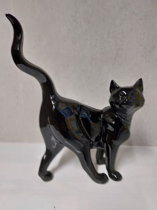 Statue, modern image black cat with long tail - 49 cm - polyresin