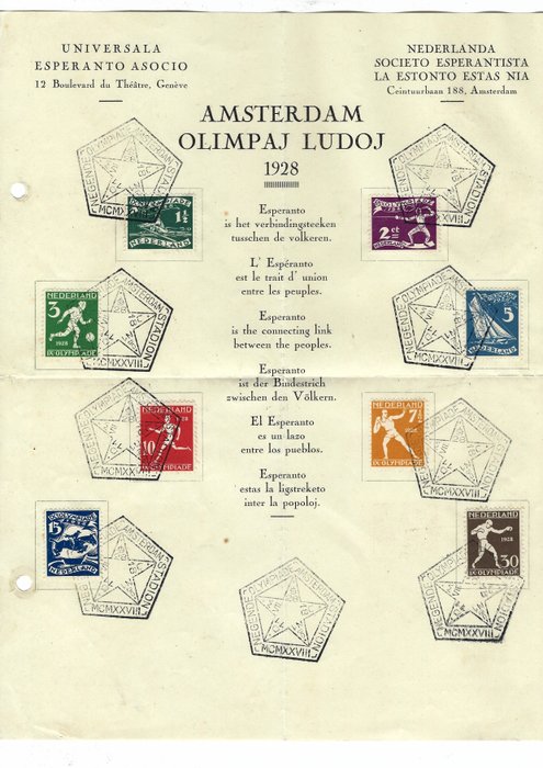 Paesi Bassi 1928 - Olimpiadi dei PAESI BASSI 1928 impostano un francobollo speciale su un foglio di esperanto