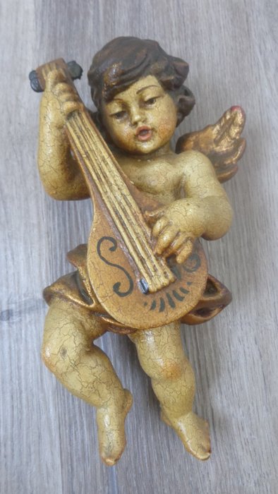 Schnitzerei, farbiger Engel mit Instrument  - Schutzengel - Amor - Wandfigur  - HOLZFIGUR  - Handarbeit - 21 cm - Holz
