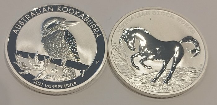 Australien. 1 Dollar 2017/2021 Stock Horse + Kookaburra, 2x1 Oz (.999)  (Ohne Mindestpreis)
