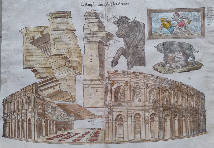 Europa, Mappa - Francia / Nîmes / Anfiteatro Romano; Belleforest - L'Amphiteatre, dict les Arenes - 1575