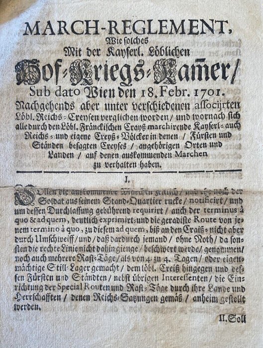. - Wien den 18. Febr. 1701: March-Reglement -Marschregeln für Truppen durch Franken - 1701