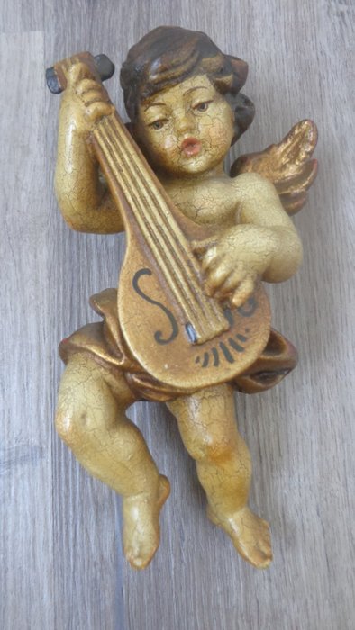 Rzeźba, farbiger Engel mit Instrument  - Schutzengel - Amor - Wandfigur  - HOLZFIGUR  - Handarbeit - 21 cm - Drewno