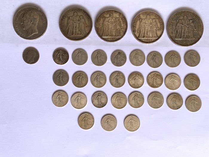 欧洲, 比利时、法国. Lot of 50Cts+5 Francs+10 Francs+50 Francs 1886/1920 (33Monnaies)  (没有保留价)