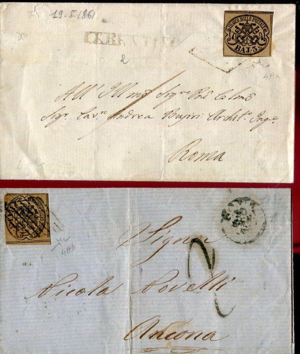 Italienische antike Staaten - Kirchenstaat 1852 - 2 Dokumente mit 3-Baj-Maschinenpapier gestempelt - Sassone   4A, 4Aa,