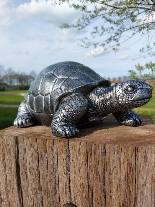 Statue, beautiful turtle in silver  patina bronze color - 14 cm - Polyresin