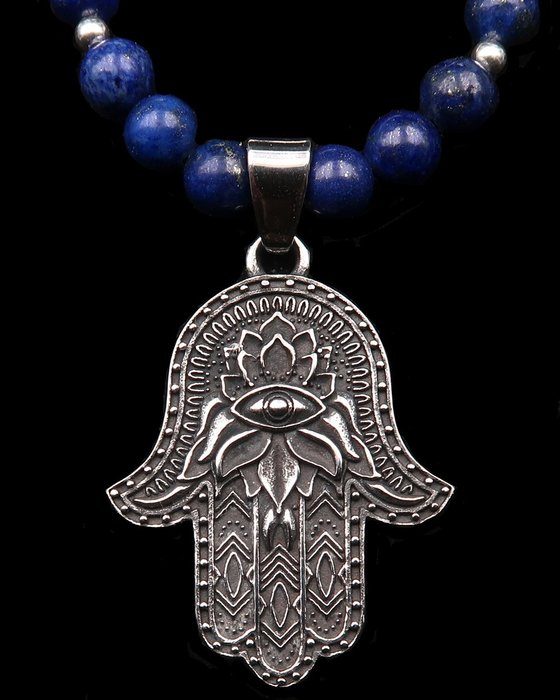 Lapis-lazuli - Collier - Médaillon Khamsa - Protège du mauvais sort, bonne fortune - Fermoir, perles argent 925 - Collier