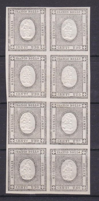 Starożytne państwa włoskie - Sardynia 1861 - znaczki do druku blok 8 egz. 1c. szary czarny - Sassone N 19