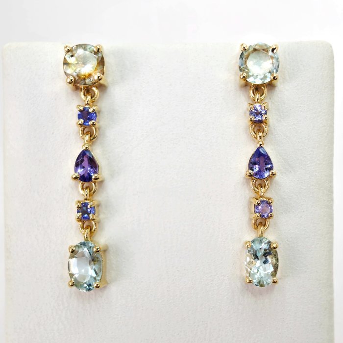 Sans Prix de Réserve - 1.60 ct Blue Aquamarine & 0.60 ct Tanzanite Designer Dangle Earrings - 3.08 gr - Boucles d'oreilles - 14 carats Or jaune Tanzanite 
