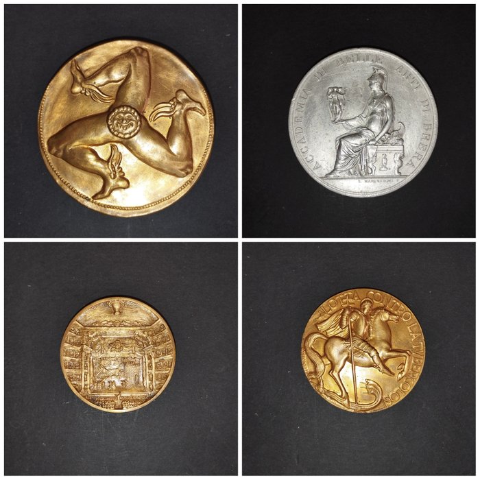 Italien - 4 medaljer - Siciliens regionstadga - La Scala-teatern i Milano - Brera-skolan - brottning - Medalj 