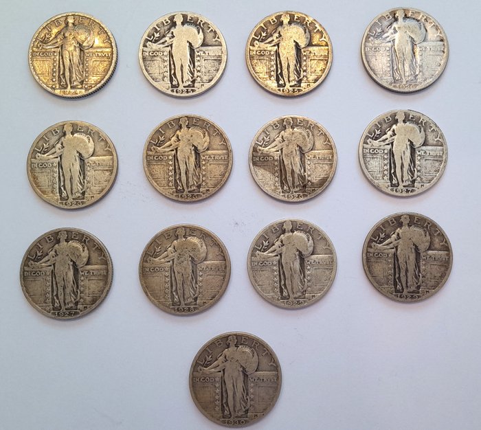 USA. A lot of 13x Standing Liberty Quarters 1924-1930  (Ohne Mindestpreis)
