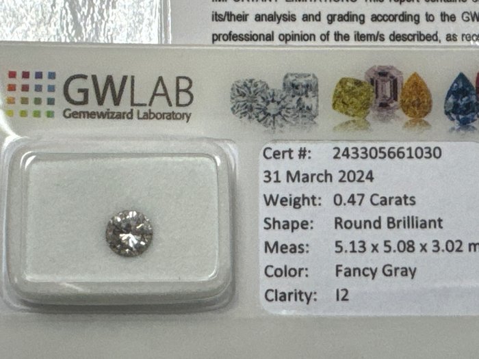 1 pcs 钻石 - 0.47 ct - 圆形 - Fancy gray - I2 内含二级, No reserve price