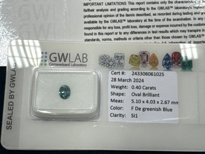 1 pcs 鑽石 - 0.40 ct - 橢圓形 - Fancy  deep greenish blue - SI1, No reserve price
