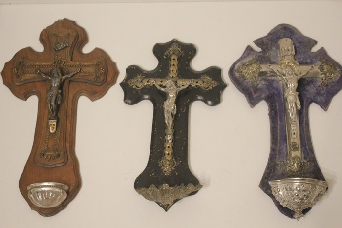 耶穌受難十字架像 (3) - 木, 粗鋅, 絲絨, 青銅色, 金屬 - 1850-1900
