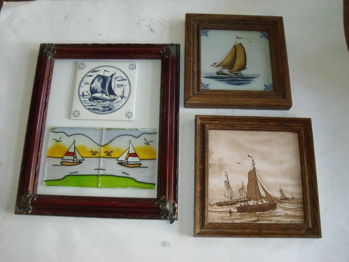 Obiecte maritime - ţiglă (3) - Kon.Tichelaar,Makkum,  Mosa, - Ceramică, Lemn, Sticlă