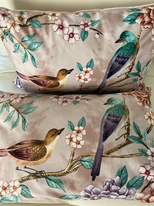  (2) - san leucio elegantes cojines de terciopelo satinado con flores de melocotón y pájaros - Cojín - 60 cm - 40 cm