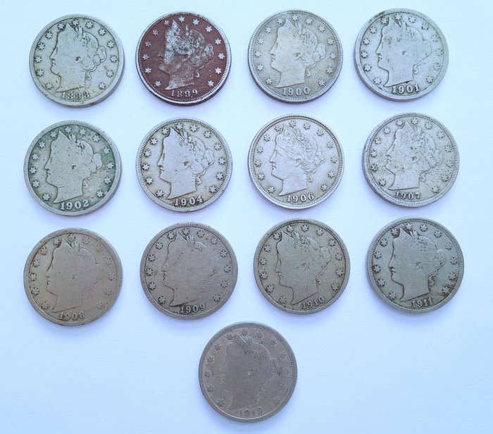 USA. A lot of 13x Liberty Nickels, including two key dates 1888, 1889 1888-1912  (Utan reservationspris)