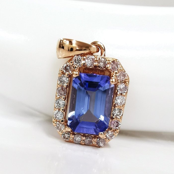 *no reserve* 0.60 ct Blue Tanzanite & 0.20 ct N.Fancy Pink Diamond Pendant - 1.28 gr - 14 carati Oro rosa - Pendente - 0.60 ct Tanzanite - Diamante
