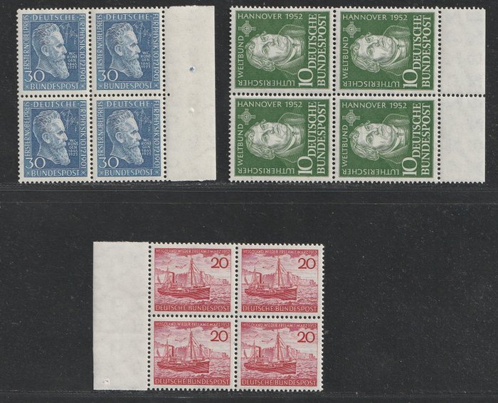 Germany, Federal Republic 1951/1952 - 3 complete issues in blocks of 4 - 147, 149, 152